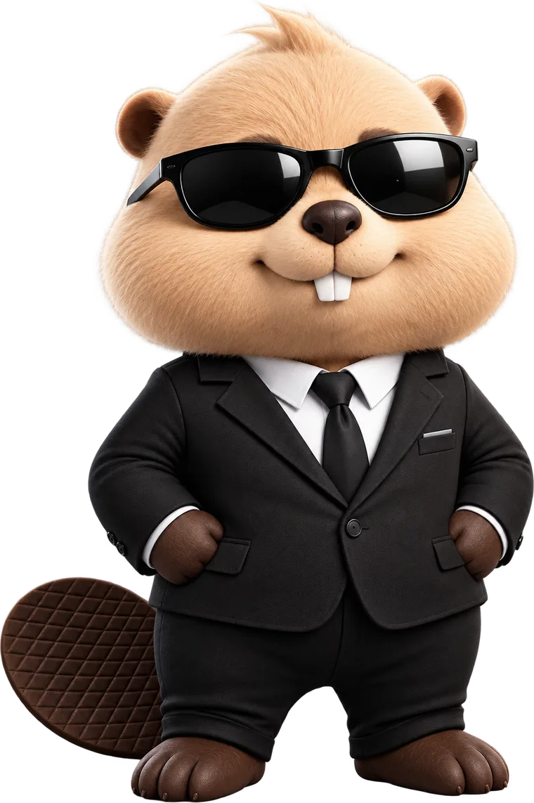 The Eager Beav mascot, a beaver in a suit and sunglasses