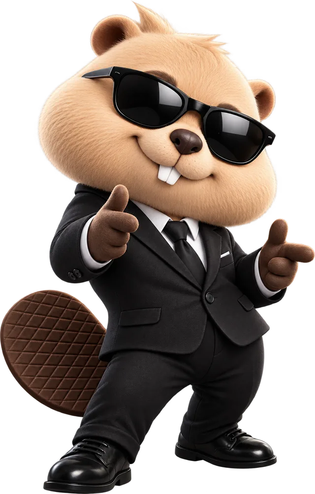 The Eager Beav mascot, a beaver in a suit and sunglasses
