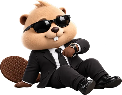 The Eager Beav mascot, a beaver in a suit and sunglasses